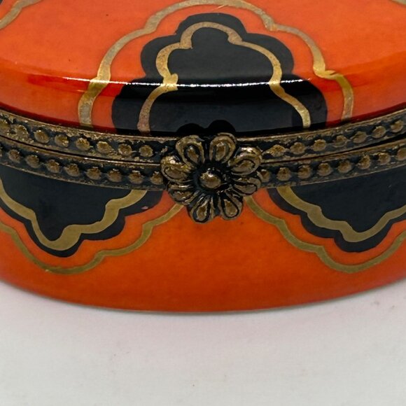 Limoges Oval Trinket Box Handprinted in France Brass Accents Orange-Black Design - Picture 7 of 16
